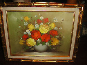 300x225 Vintage R. Thomas Signed Oil Painting On Canvas Bouquet Of Roses - R Thomas Painting