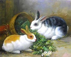 300x243 Oil Painting Animals Lovely Rabbits Hare Bunny Eating Grass - Rabbit Oil Painting