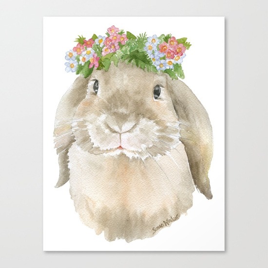 550x550 Lop Rabbit Floral Wreath Watercolor Painting Canvas Print By - Rabbit Watercolor Painting