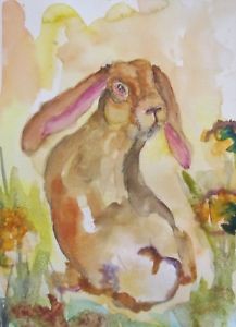 217x300 Meadow Rabbit Watercolor Painting Landscape Animal Wild Life - Rabbit Watercolor Painting
