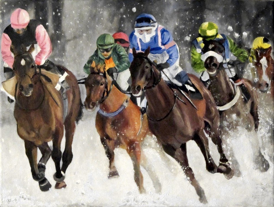 952x720 Horse Racing On A Snow Covered Track - Race Horse Oil Painting Artists