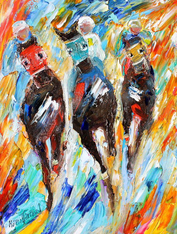 570x752 Horse Race Painting Original Oil On Canvas Palette Knife 12x16 - Race Painting