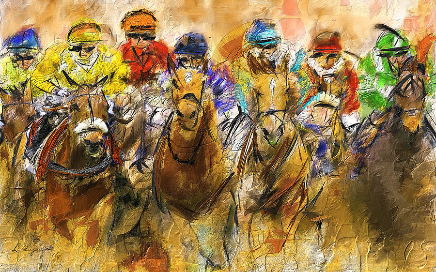 900x562 Horse Racing Abstract Painting By Lourry Legarde - Race Painting