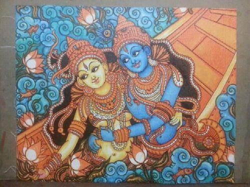500x375 Krishna And Radha On A Boat Painting - Radha Krishna Kerala Mural Painting