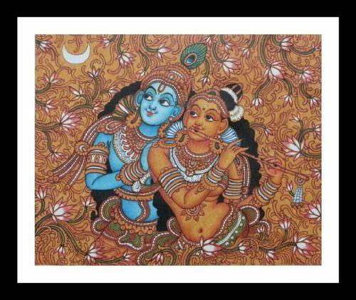 500x422 Krishna With Radha Playing The Flute - Radha Krishna Kerala Mural Painting