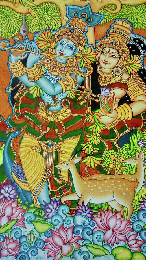 505x900 Radha Krishna Painting By Devaki Mulanjur - Radha Krishna Kerala Mural Painting