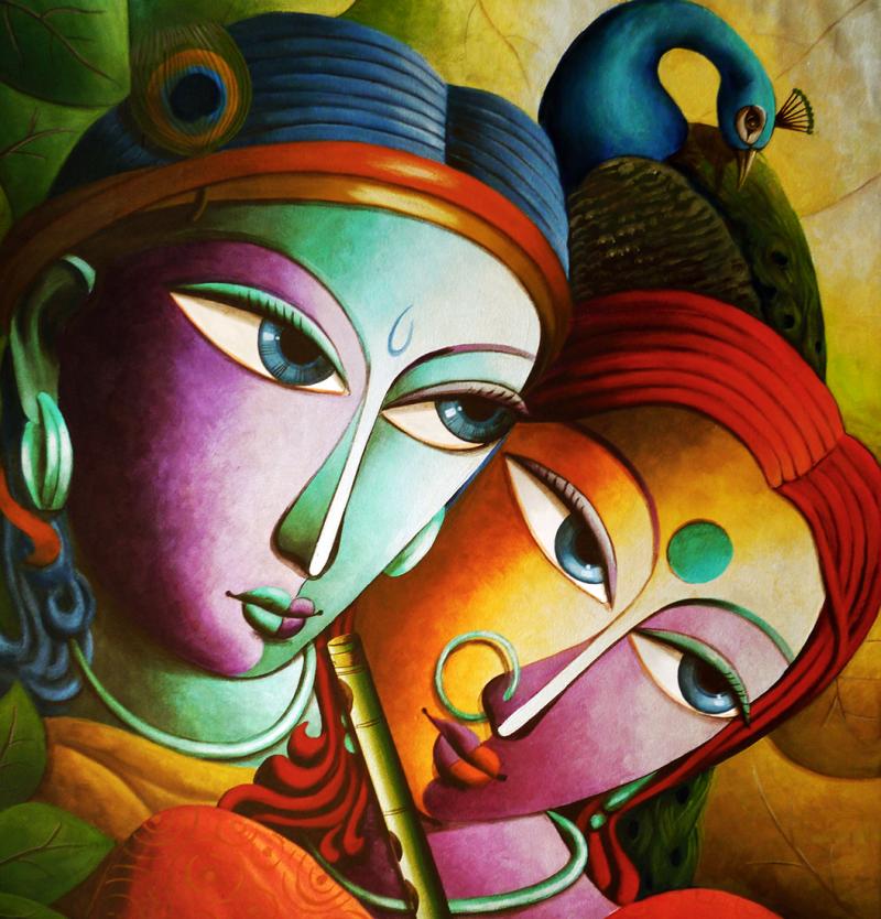 800x834 Radha With Krishna Iii By Artist Dhananjay Mukherjee Religious - Radha Krishna Painting On Canvas