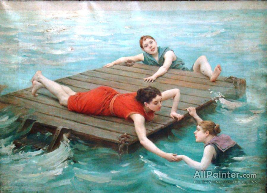 899x651 Jules Scalbert Girls Swimming From A Raft Oil Painting - Raft Painting