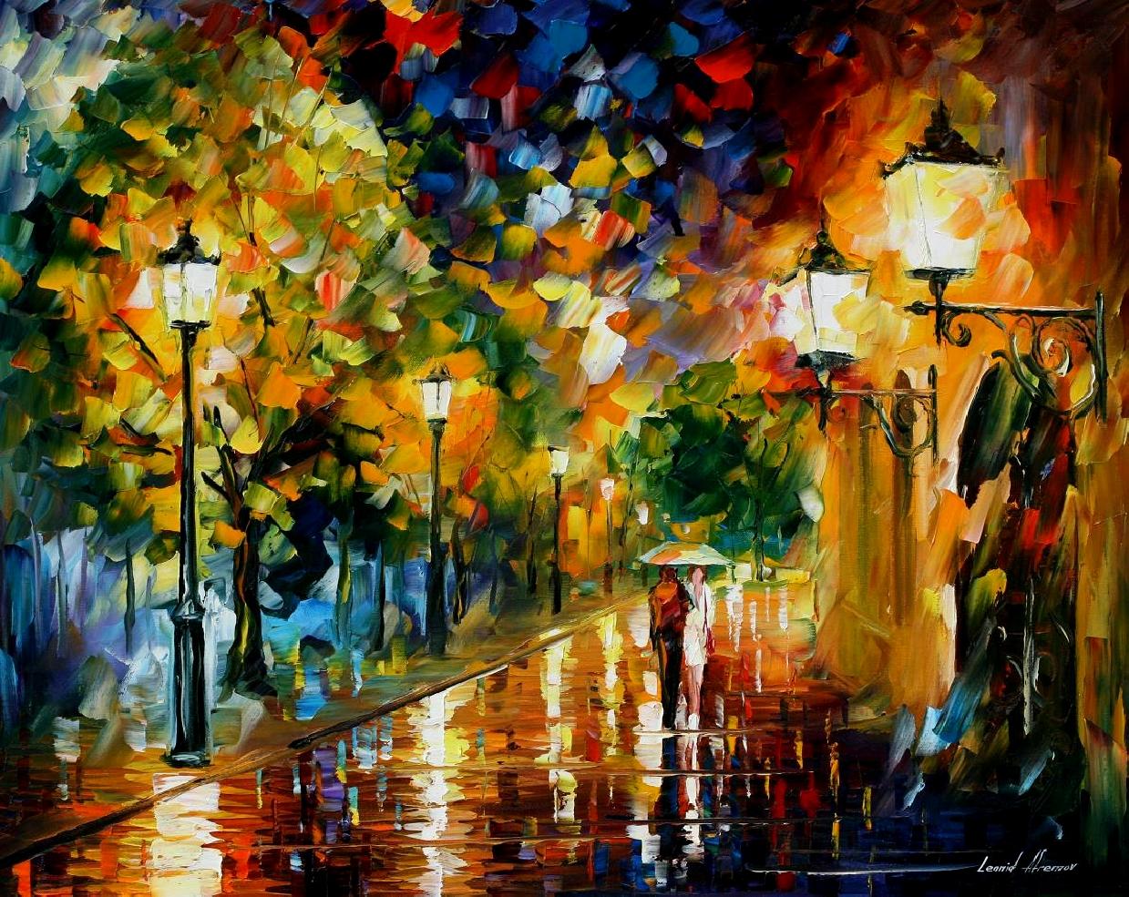 1239x985 Rainy Romance Palette Knife Oil Painting On Canvas By Leonid - Rain Oil Painting