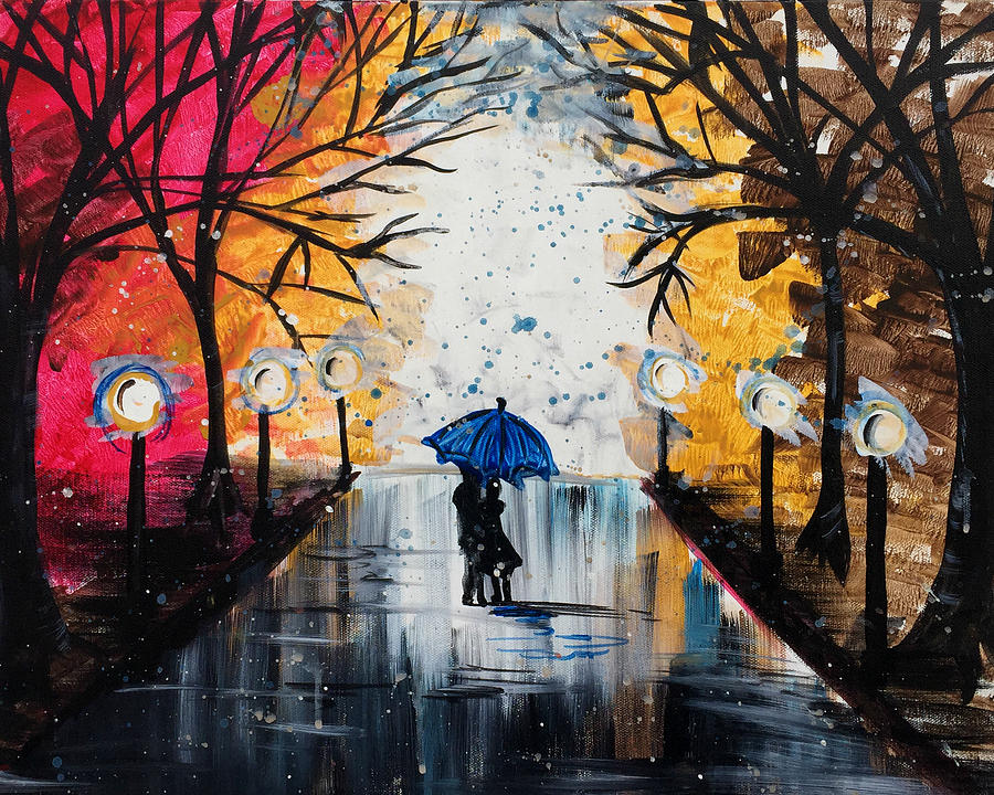 900x720 Kissing In The Rain Painting By Amanda Hunter - Rain Painting