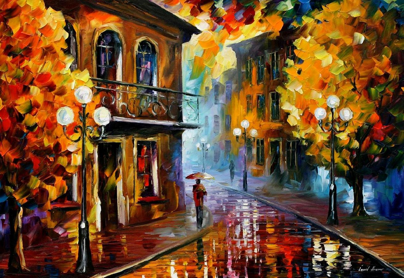1310x902 Fall Rain 2 Palette Knife Oil Painting On Canvas By Leonid - Rain Painting