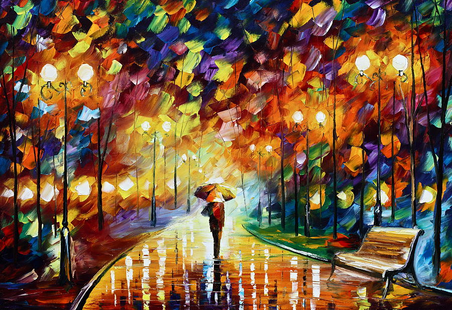 900x618 Rainy Park Painting By Leonid Afremov - Rain Painting By Leonid Afremov