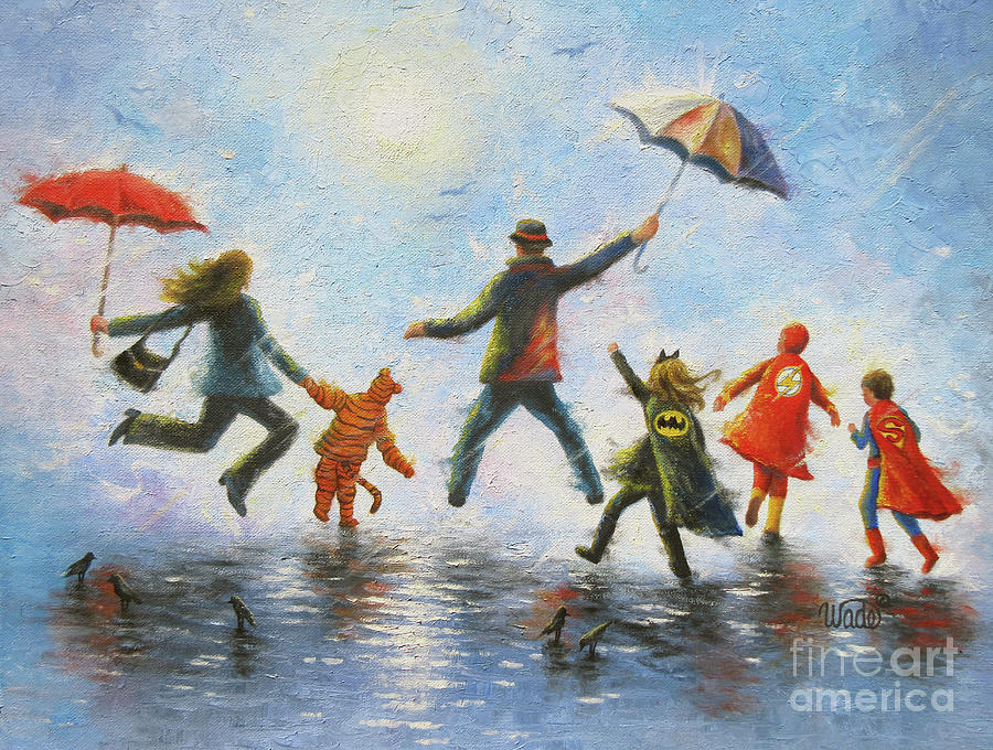 900x680 Singing In The Rain Four Super Hero Kids Painting By Vickie Wade - Rain Painting For Kids