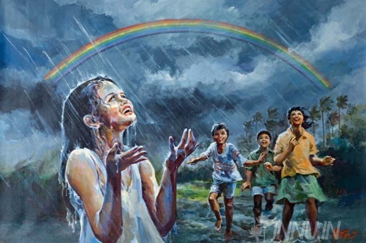 712x473 Art Prints Unknown Artist Children Playing In Rain, With Rainbow - Rain Painting For Kids