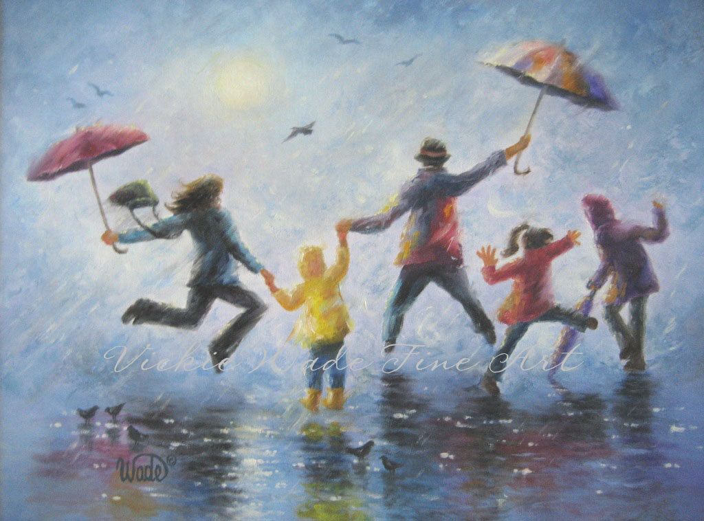 1024x758 Singing In The Rain Art Print, Happy Family Playing In Rain - Rain Painting For Kids