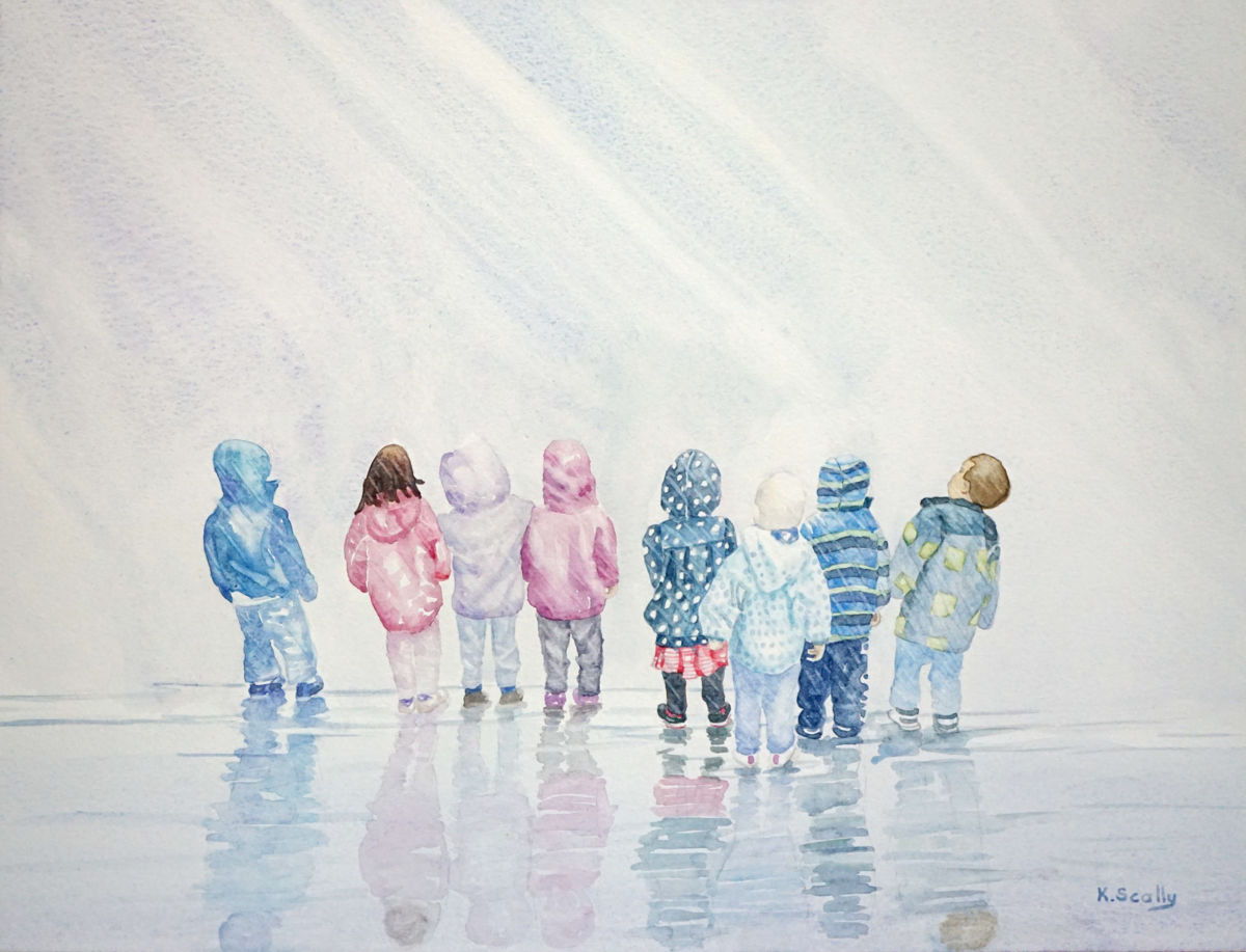 1200x917 Children In The Rain (Scally Art) - Rain Painting For Kids