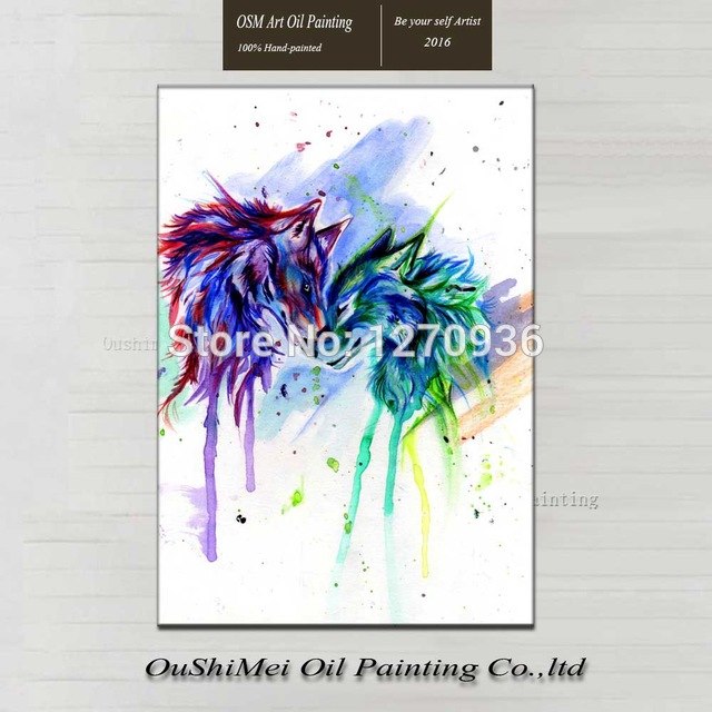 640x640 Pure Hand Painted Two Rainbow Wolves Oil Painting On Canvas - Rainbow Animal Painting