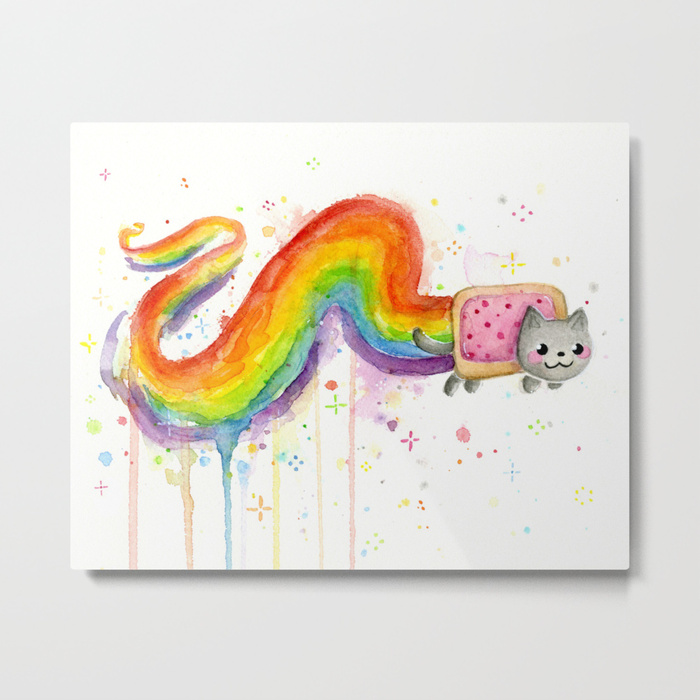 700x700 Rainbow Cat Meme Geek Whimsical Animal Painting Metal Print By - Rainbow Animal Painting