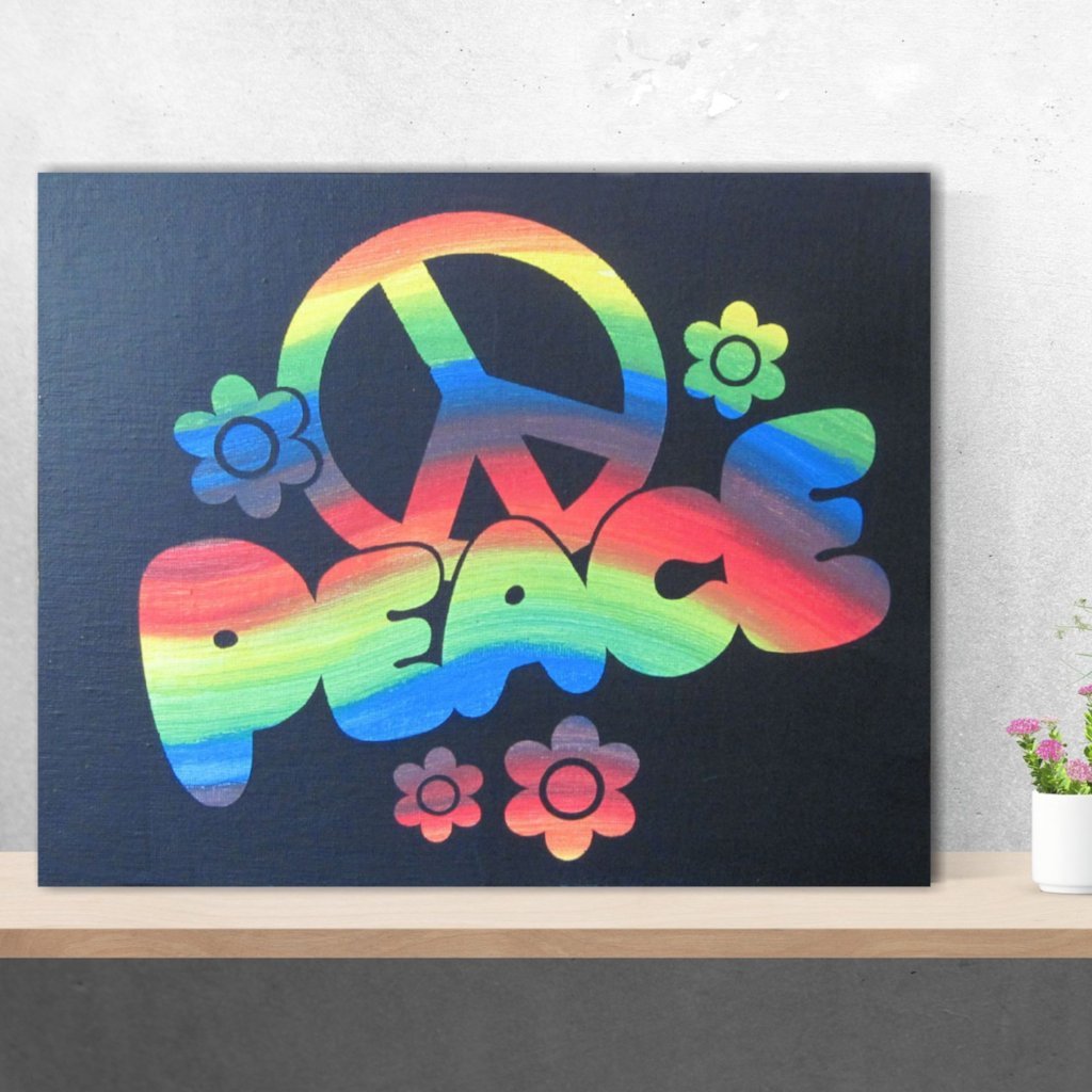 1024x1024 Rainbow Peace Sign Painting Hand Painted Canvas Flower Art - Rainbow Canvas Painting