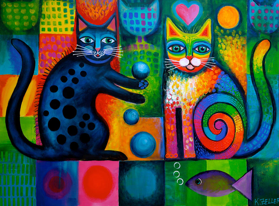 900x666 Juggle Puss And Rainbow Cat Painting By Karin Zeller - Rainbow Cat Painting