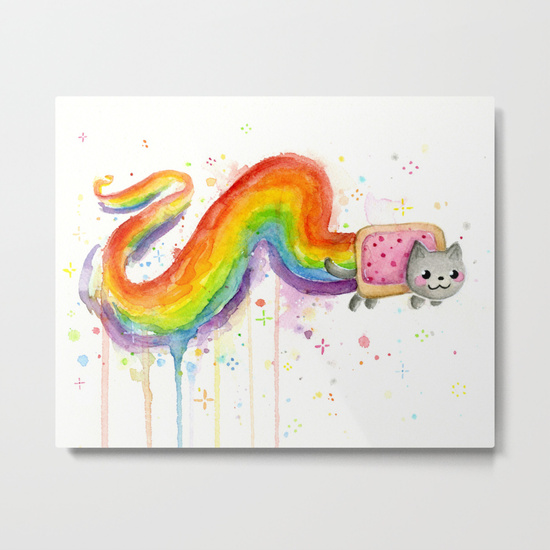 550x550 Rainbow Cat Meme Geek Whimsical Animal Painting Metal Print By - Rainbow Cat Painting