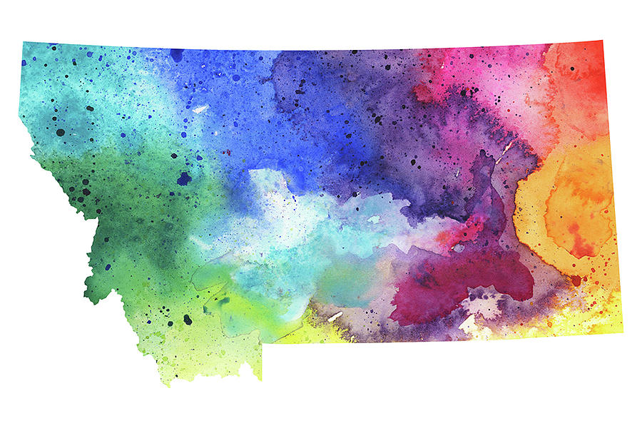 900x600 Watercolor Map Of Montana, In Rainbow Colors Painting By Andrea Hill - Rainbow Colors Painting