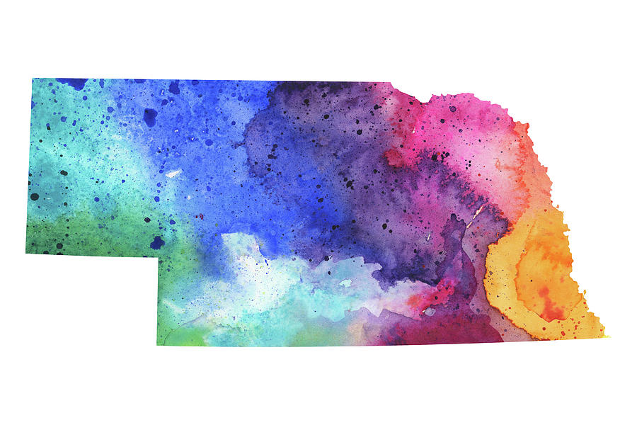 900x600 Watercolor Map Of Nebraska, In Rainbow Colors Painting By Andrea Hill - Rainbow Colors Painting
