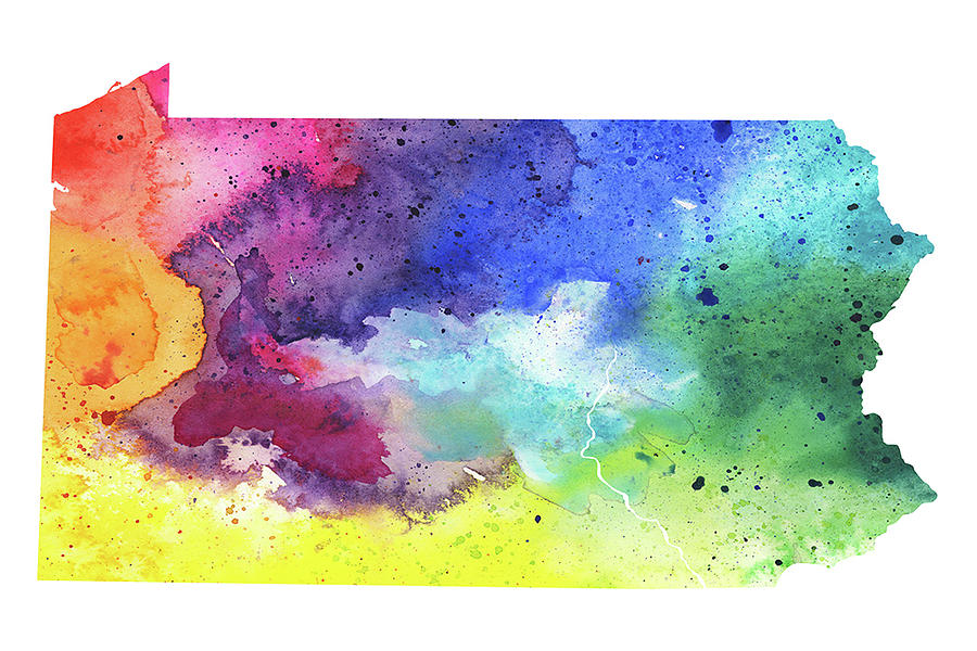 900x600 Watercolor Map Of Pennsylvania, In Rainbow Colors Painting By - Rainbow Colors Painting