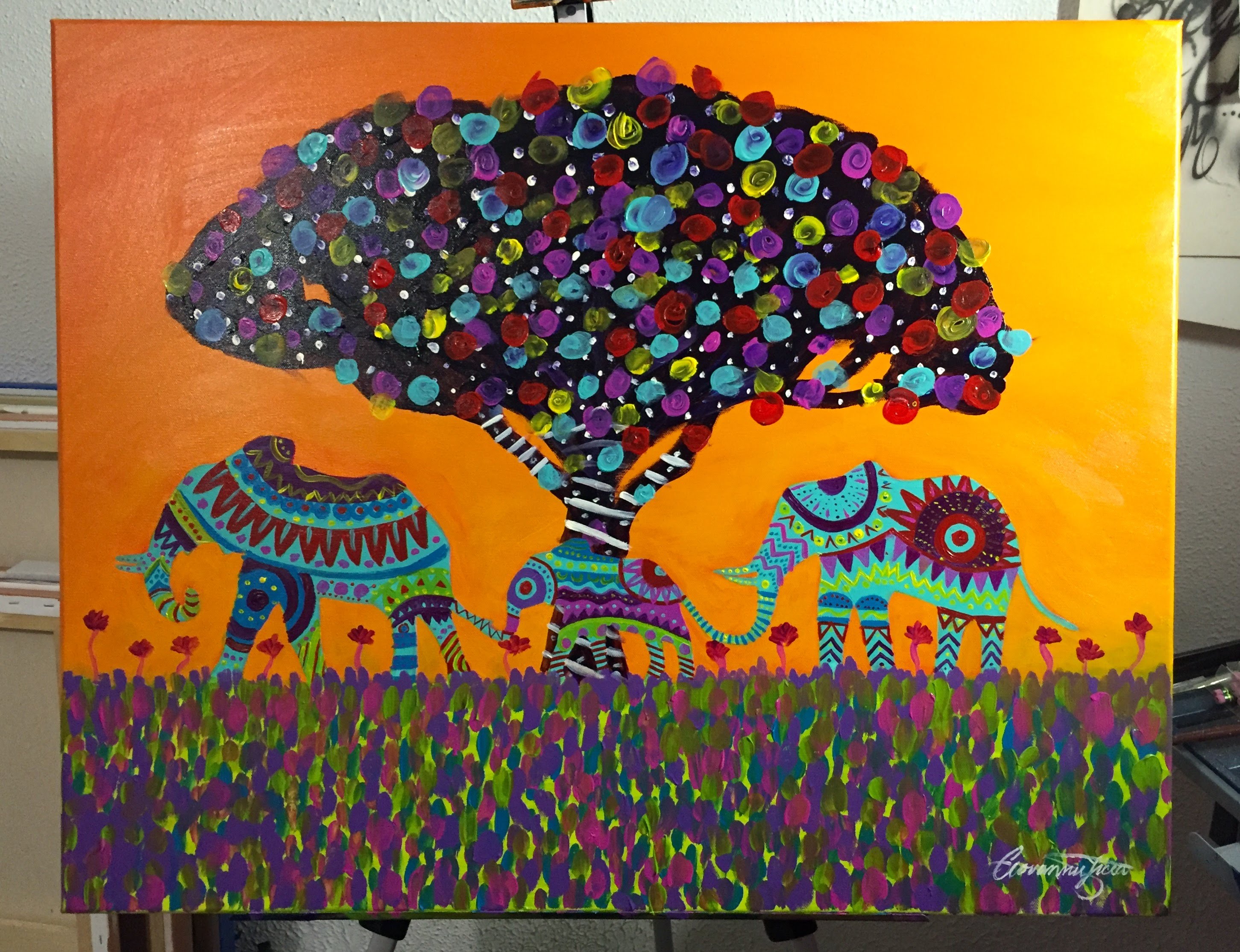 2903x2229 Beautiful Painting Of Three Elephants! - Rainbow Elephant Painting