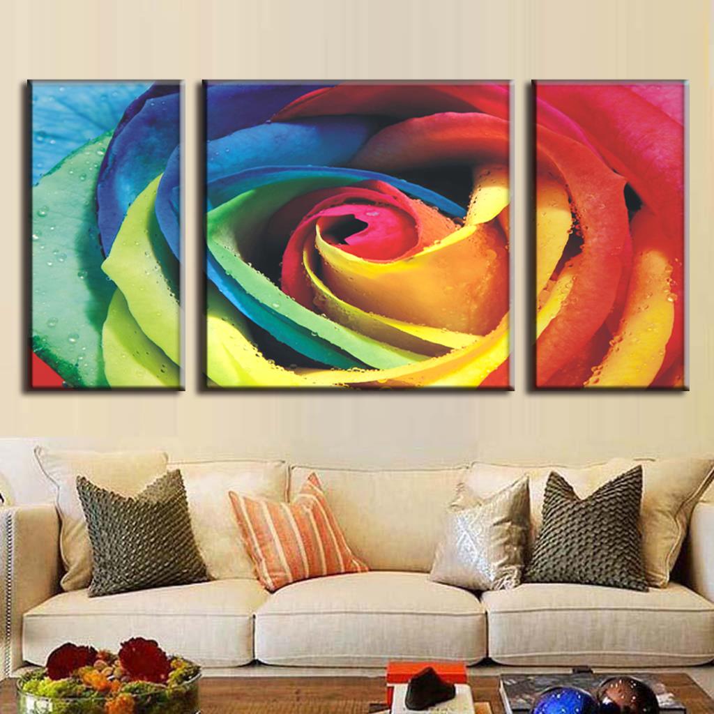 1024x1024 3 Panels Abstract Flower Canvas Wall Painting For Living Room - Rainbow Flower Painting