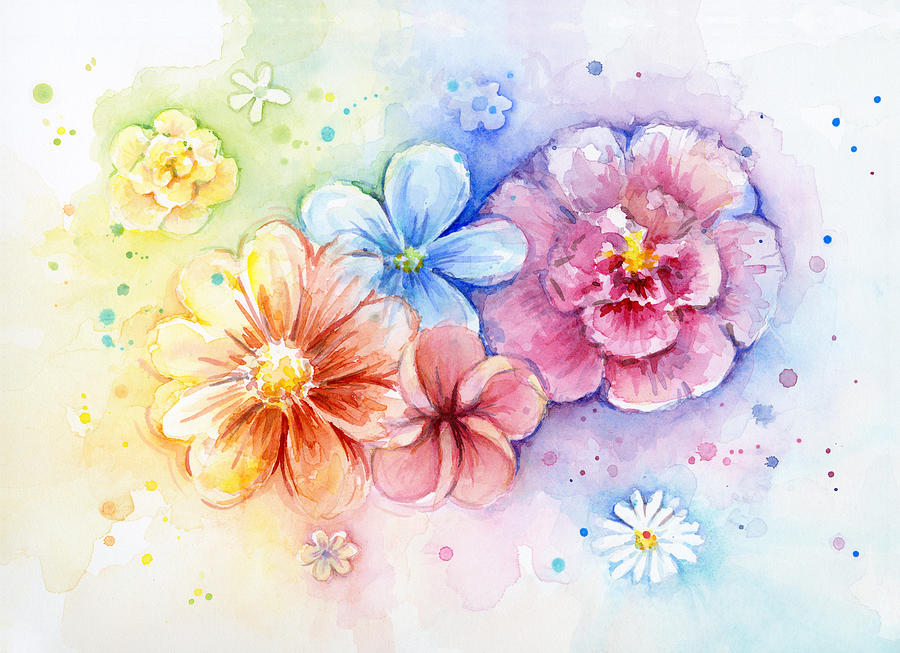900x653 Flower Power Watercolor Painting By Olga Shvartsur - Rainbow Flower Painting