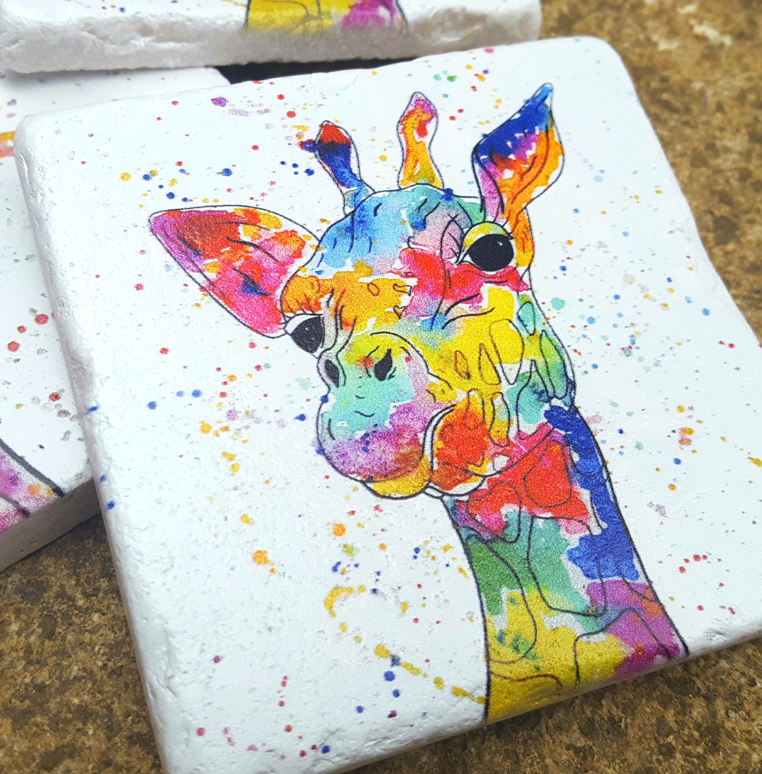 2469x2507 Rainbow Giraffe Stone Coaster Blue Butterfly Designs - Rainbow Giraffe Painting