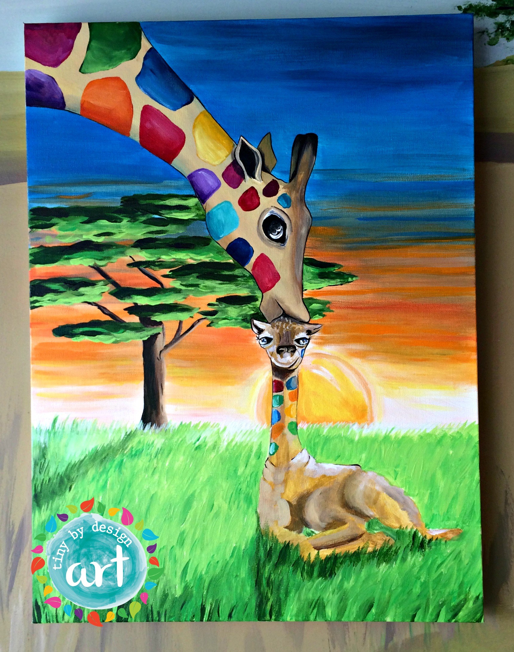 1721x2183 Mom And Baby Giraffe - Rainbow Giraffe Painting