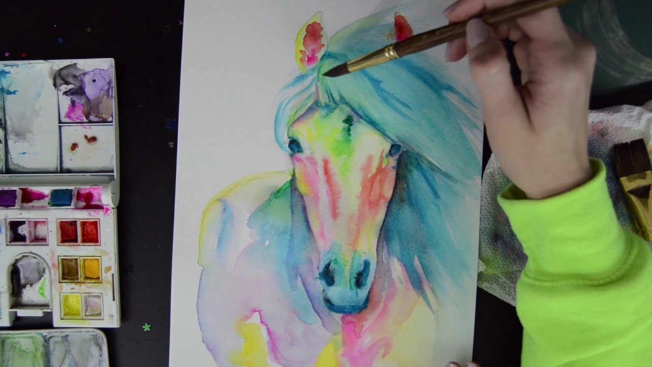 1280x720 Neon Rainbow Horse Watercolor Speed Painting - Rainbow Horse Painting