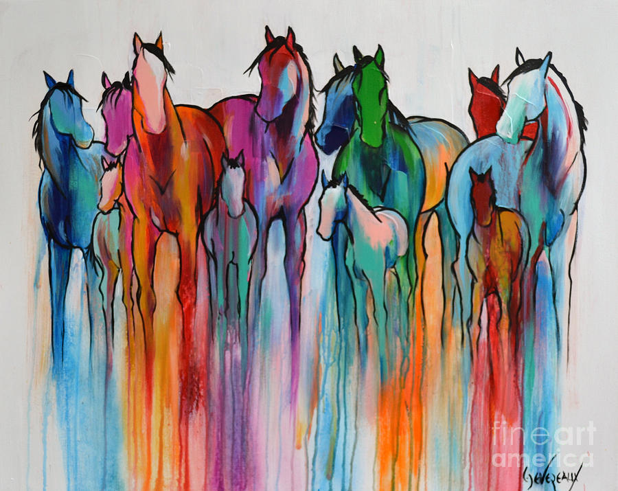 900x715 Rainbow Horses Painting By Cher Devereaux - Rainbow Horse Painting