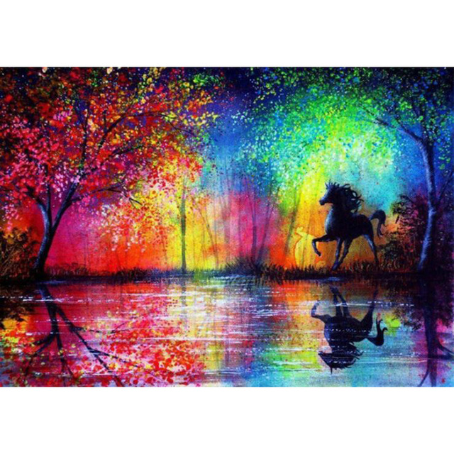640x640 Full Diamond Painting Horse In The Rainbow Woods Diy Diamond - Rainbow Horse Painting