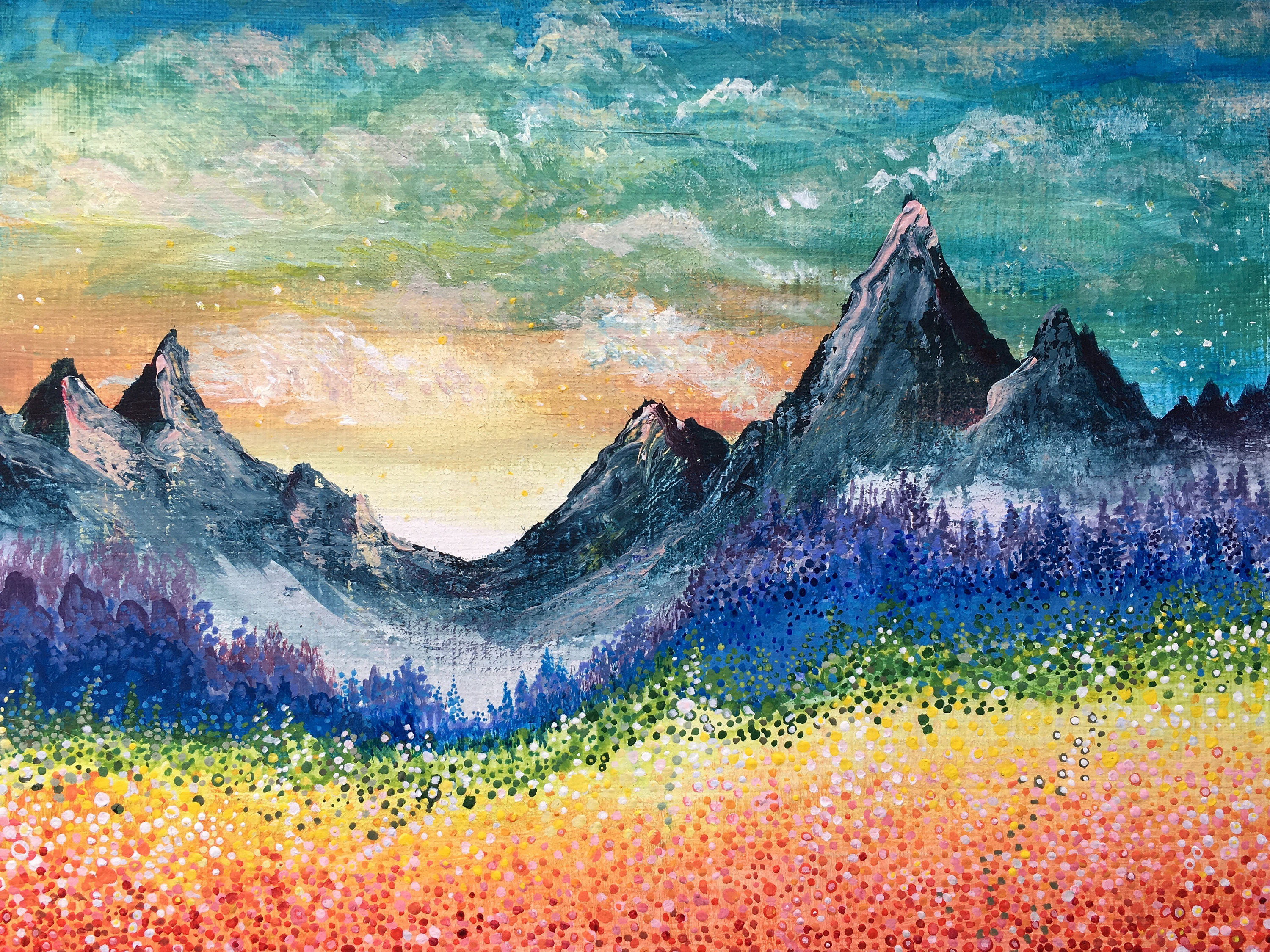 3000x2249 Rainbow Landscape Painting Dot Painting Original - Rainbow Landscape Painting