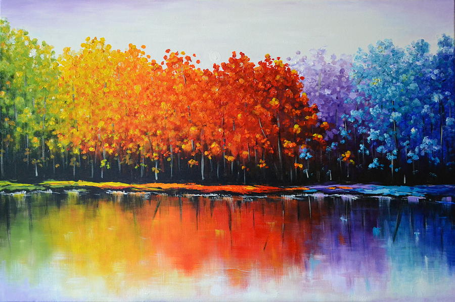 900x599 Rainbow Trees Painting By Zarema Mamedova - Rainbow Landscape Painting