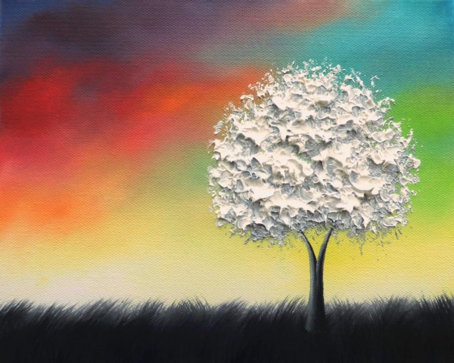 900x720 Textured White Tree Painting, Black And White Art, Colorful - Rainbow Landscape Painting