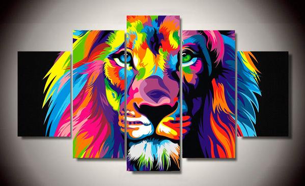 599x366 Rainbow Lion Multi Panel Canvas Wall Art Mighty Paintings - Rainbow Lion Painting