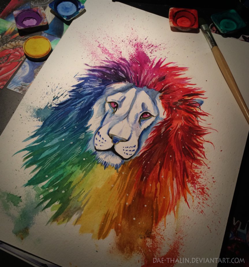 862x927 Rainbow Lion By Daethalin Watercolor - Rainbow Lion Painting