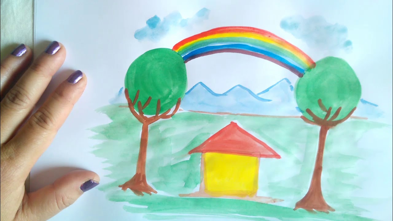 1280x720 Rainy Season Scenery How To Draw A House With Rainbow Art - Rainbow Painting For Kids