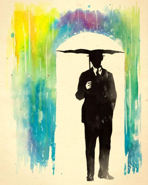 500x625 Color Phobia Rainbow Rain Umbrella Man Silhouette Suit Art - Rainbow Rain Painting