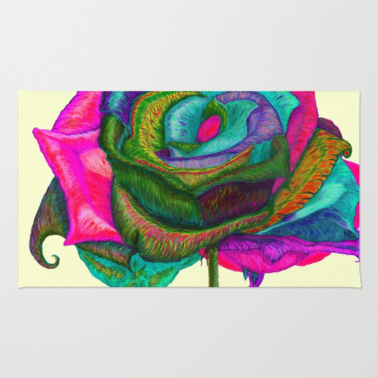 550x550 Pinkie Teal Neon Rose (Rainbow Roses) Rug By Joan Of Art Society6 - Rainbow Rose Painting