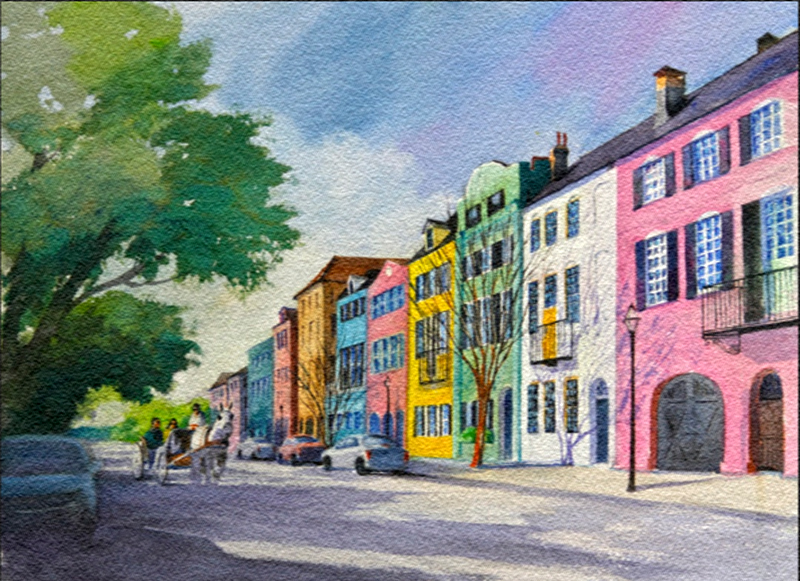 800x581 Life In The Slow Lane (The Pearl) Charleston's Rainbow Row - Rainbow Row Painting