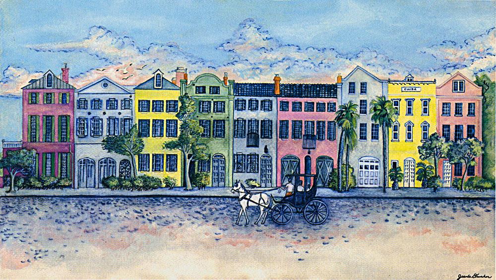 1000x565 Rainbow Row Jeanie Graham Drucker - Rainbow Row Painting