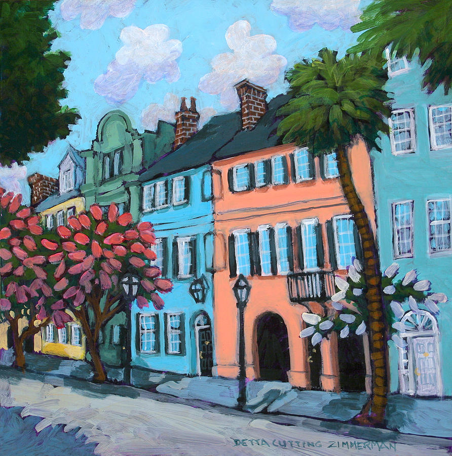 892x900 Rainbow Row Summer Painting By Detta Cutting Zimmermann - Rainbow Row Painting