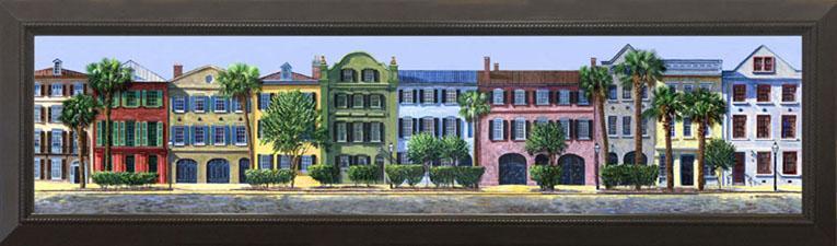 765x225 Framed Rainbow Row Charleston Artist Gordon Wheeler - Rainbow Row Painting