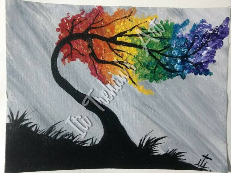 770x578 Saatchi Art Windy Rainbow Tree. Painting By Iti Trehan - Rainbow Tree Painting