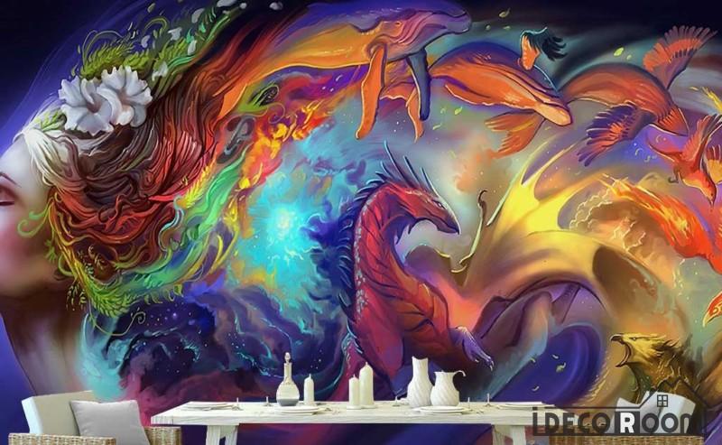800x493 Colorful Graphic Design Woman With Rainbow Hair Dragon Living Room - Rainbow Woman Painting